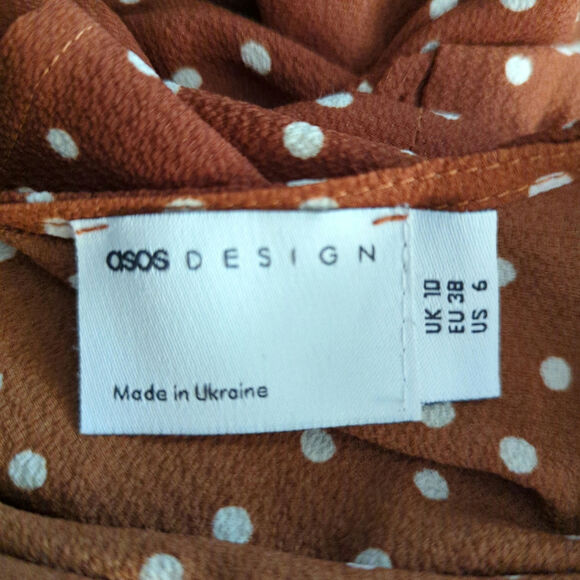 ASOS DESIGN Brown Polka Dot Teired Flowy Long Sleeve Mini Dress Size 6 Fall - Picture 6 of 7